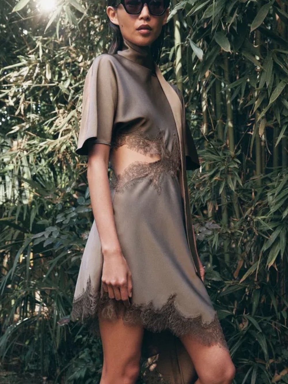 Zara Satin Cut Out Lace Dress Asymmetrical High Neck Scarf Brown Large - Picture 1 of 15